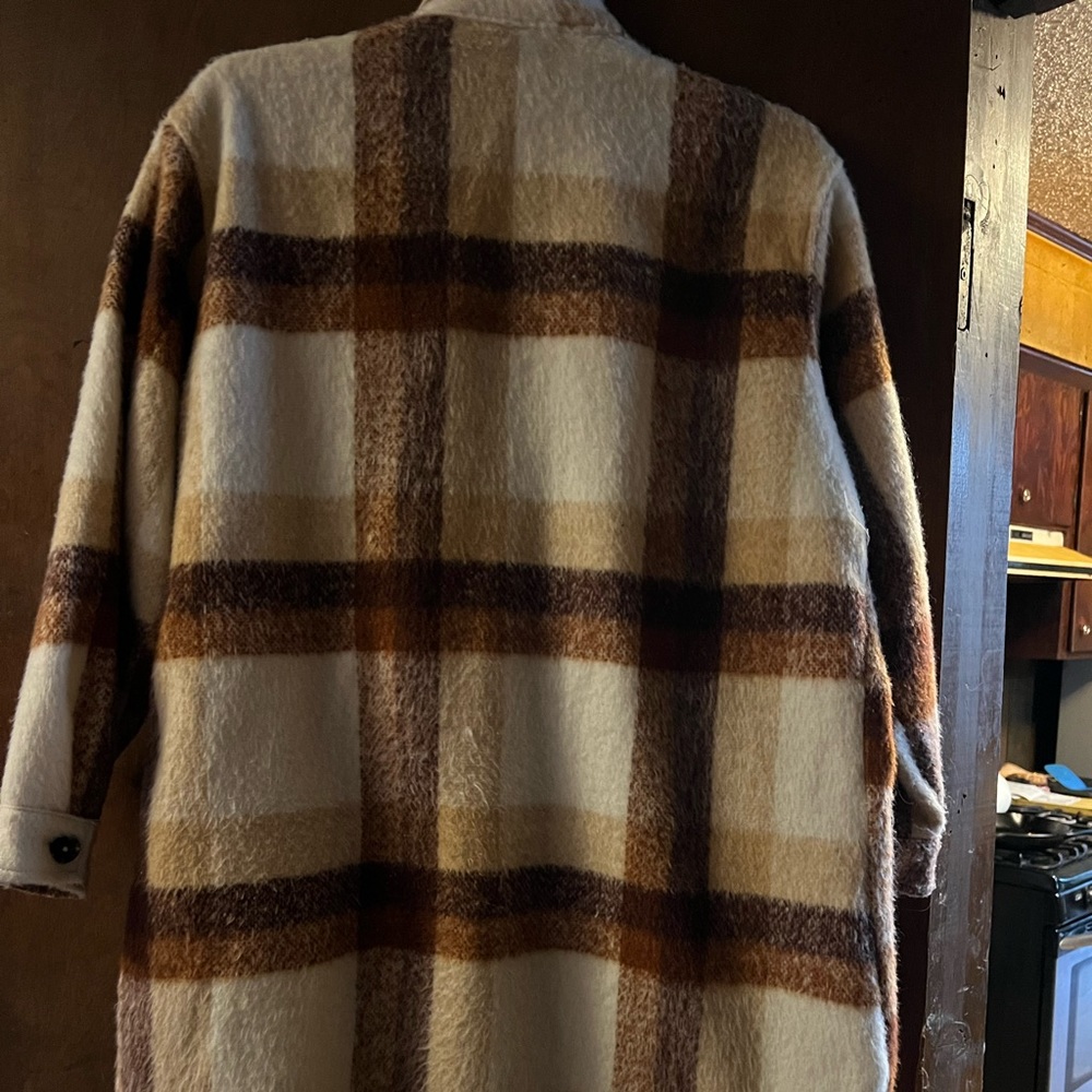 Plus size neutral plaid longline wool shacket